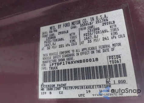 1997 Ford F-150 Lariat/Standard/Xl/Xlt из США, поврежденный, VIN 1FTDF176XVNB00018